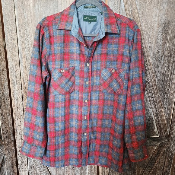 A. Foxx Ltd Shirt Adult Size M Red‎ Blue Plaid Flannel Button Up Wool Acrylic - Picture 1 of 9